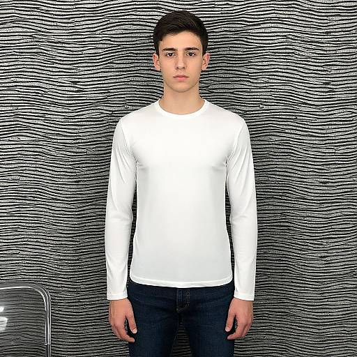 Photograph of a young man with short dark hair, wearing a white long-sleeve shirt and dark pants, standing against a black-and-white w