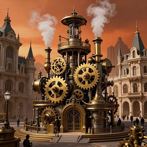 Steampunk clock tower with large gears and steam vents, set against a vibrant orange sky and Gothic-style buildings in a bustling square. Digital art.