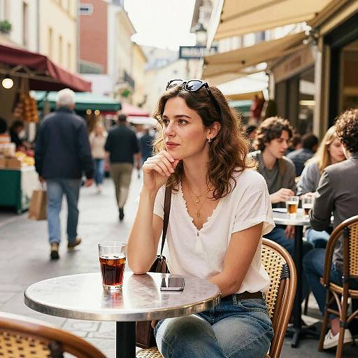 Woman Sitting at Café Terrace in European Street Market