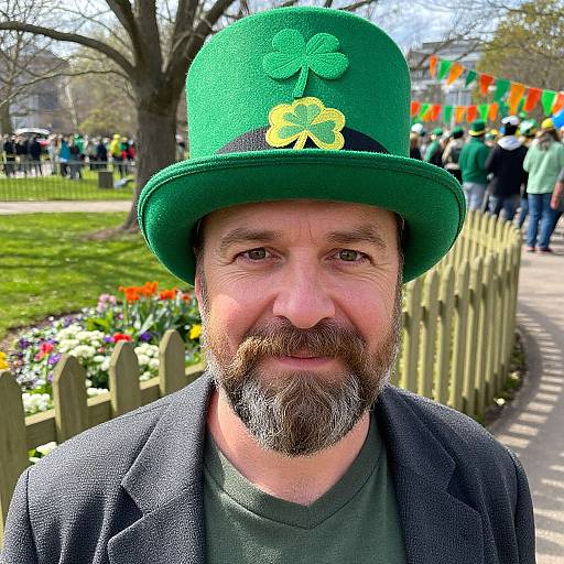 Photograph of a bearded man in a green top hat with yellow clover accents, gray blazer, and green shirt, smiling at a St