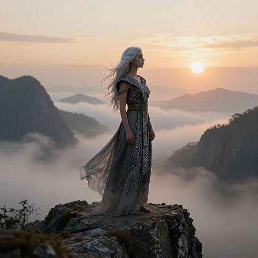 Photorealistic digital art of a white-haired woman in a flowing, patterned dress standing on a rocky peak, overlooking misty mountains at sunrise.