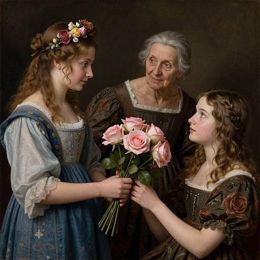 Baroque-style painting of three women: young girl with flower crown, blue dress, holding pink roses; elderly woman in black dress, smiling; another