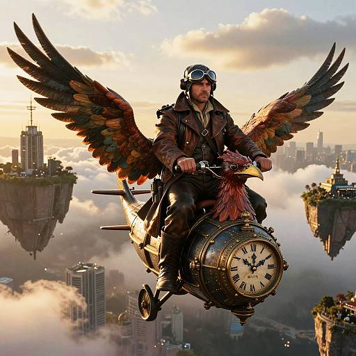 Steampunk pilot with colorful wings, goggles, and clock-watching aircraft flies over a futuristic cityscape with floating islands at sunset.