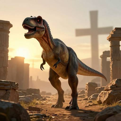 CGI rendering of a fierce, detailed velociraptor with red eyes, standing in a sunlit, ruined, ancient city with crumbling columns and a