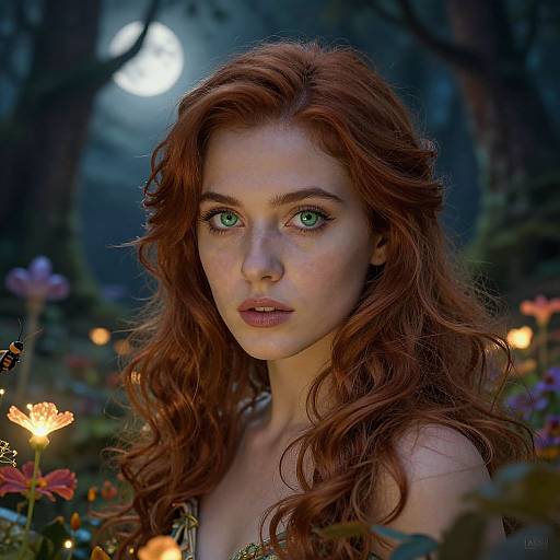 Digital portrait of a fair-skinned, green-eyed, red-haired woman with wavy hair, surrounded by vibrant flowers under a moonlit forest.