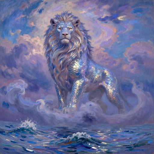 Digital painting of a shimmering silver lion with a majestic mane, standing on waves, surrounded by a vibrant, cloudy sky.