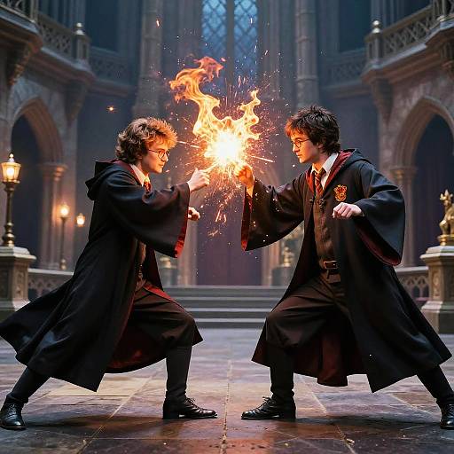 Photograph of two young men in black wizard robes, standing in a gothic cathedral, dueling with magical fire in a bright explosion.