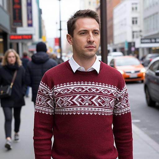 Man in Patterned Sweater on City Street