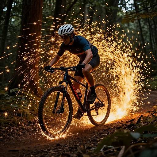 Photograph of a male mountain biker in black gear and white helmet, surrounded by bright orange sparks, riding a black bike through a dark forest trail
