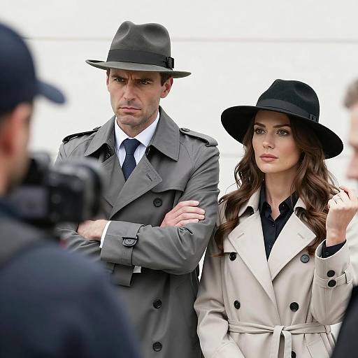 Serious man and woman in trench coats and hats