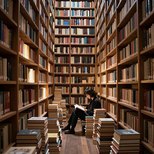 Photograph of a solitary person with dark hair, wearing black, sitting amidst tall, wooden bookshelves filled with colorful books, surrounded by stacks of