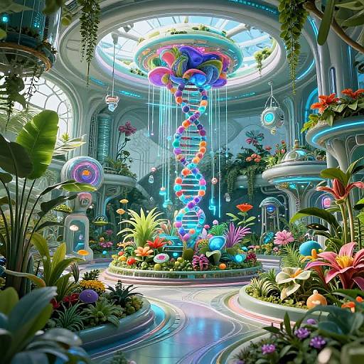 Vibrant, futuristic indoor garden with neon spiral centerpiece, colorful flowers, and glowing orbs in an ornate, dome-lit atrium. Digital