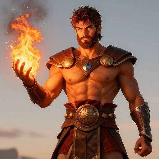 Photorealistic digital art of a muscular bearded man with fiery eyes, holding a glowing flame in his right hand, wearing bronze armor and leather skirt
