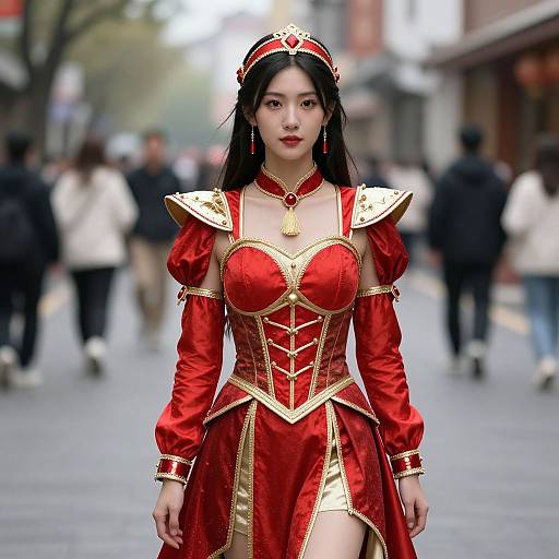 Photograph of an East Asian woman in a detailed, red and gold fantasy armor dress, with long black hair and red headpiece, walking down a