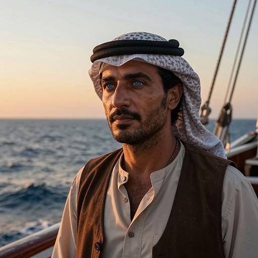 Photograph of a Middle Eastern man with dark skin, blue eyes, and stubble, wearing a white and black patterned kufi and brown