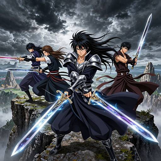 Anime Warriors with Magical Swords on Cliff