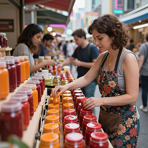 Photograph of a woman with curly brown hair, floral apron, selecting jars of colorful jams at a bustling outdoor market.