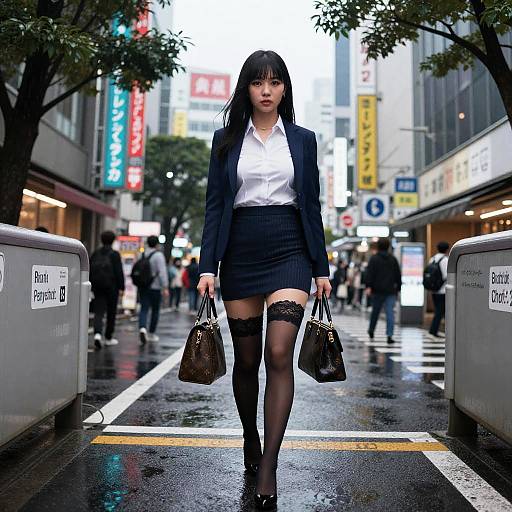 Photograph of an Asian woman in a black suit, white blouse, short skirt, thigh-high stockings, and high heels, carrying two purses,