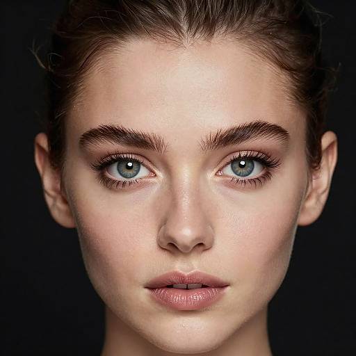 Close-up photograph of a fair-skinned woman with blue eyes, brown hair pulled back, and neutral expression, against a black background.