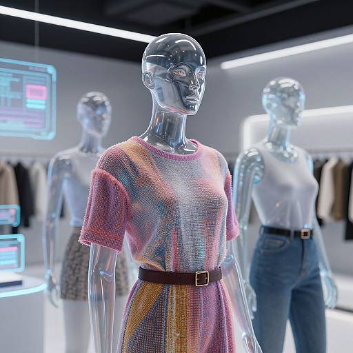 Photograph of three transparent mannequins in a modern, brightly lit store; foreground mannequin wears colorful, textured dress with belt, others