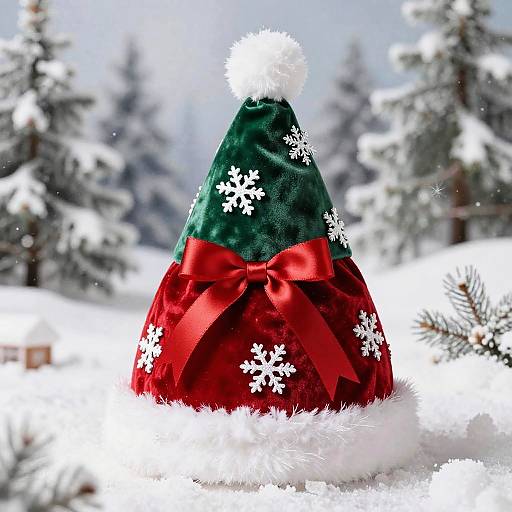 Photograph of a green and red Christmas tree-shaped ornament with white snowflakes, a red bow, and a white pom-pom, set in