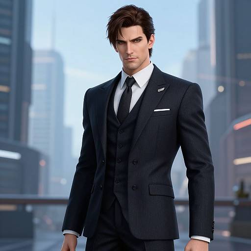 CGI image of a handsome man with brown hair in a dark pinstripe suit, white shirt, and black tie, standing confidently in a modern