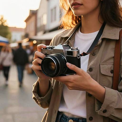 Stylish Woman Holding Vintage Camera