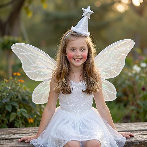 Photograph of a smiling young girl with fair skin, long brown hair, wearing a white fairy dress, sparkling wings, and a star-topped hat
