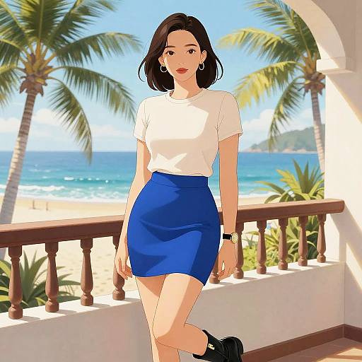 Digital anime-style drawing of a black-haired woman in a white t-shirt and blue skirt, standing on a tropical beach balcony.