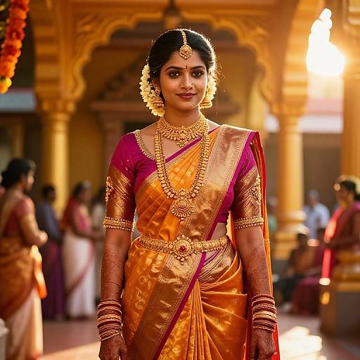 Photograph of a beautiful Indian bride in a golden-orange saree with purple blouse, adorned with gold jewelry, standing confidently in a sunlit, orn