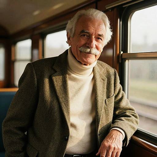 Photograph of an elderly man with white hair and mustache, wearing a brown jacket over a white turtleneck, seated by a train window.