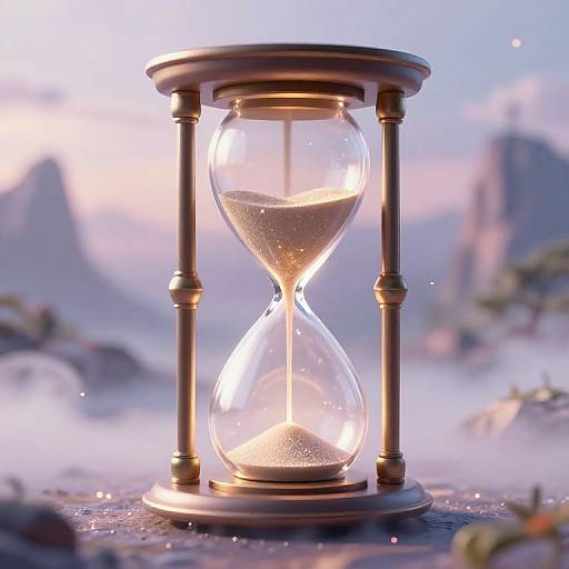 Photorealistic CGI of a glowing hourglass with golden supports, set against a blurred, dreamy mountain landscape at sunrise.