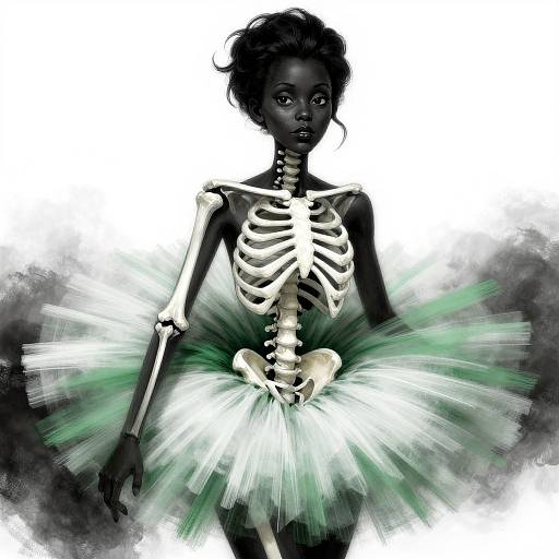 Digital artwork of a black-skinned ballerina with skeletal torso, wearing a white tutu with green tulle, against a white background.