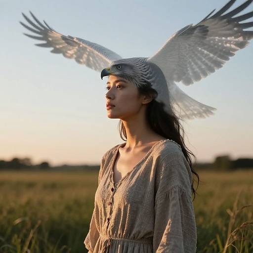 Photograph of a young woman with long dark hair wearing a beige, long-sleeved blouse, with a bird's head and wings emerging from her