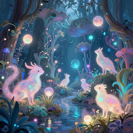 Digital fantasy artwork depicting glowing, ethereal fox-like creatures with colorful, luminescent fur in a mystical, bioluminescent forest with floating orbs