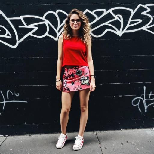 Young Woman in Red Top and Pink Skirt by Graffiti Wall