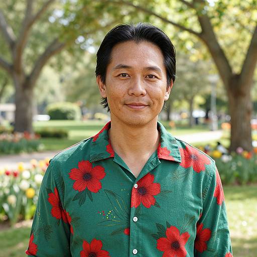 Photograph of an Asian man with medium-length black hair, wearing a green shirt with red flower patterns, standing in a sunny park with blurred trees and