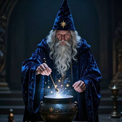 Photograph of a white-bearded wizard in a blue velvet hat and robe, stirring a glowing cauldron with a wand, surrounded by sparkling stars