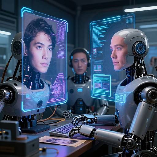 Photorealistic CGI: Two futuristic, bald humanoids with glowing blue holographic interfaces show digital faces of a young man, in a high-tech lab