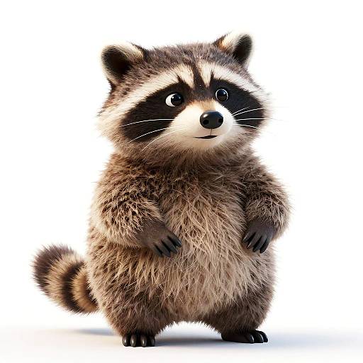 Cute digital CGI raccoon with fluffy brown and black fur, standing upright, big blue eyes, and a small smile against a white background.