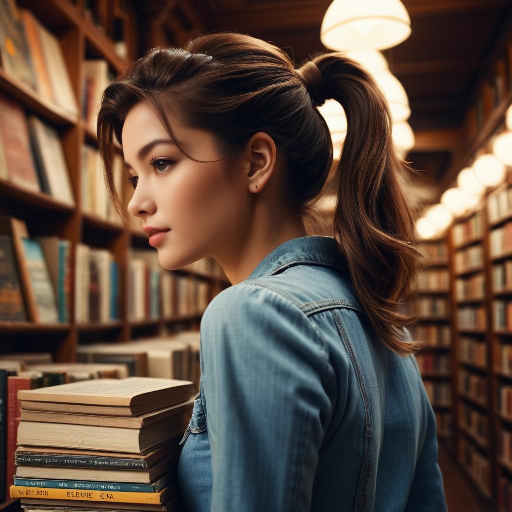 Vintage Brunette in Bookstore Portrait