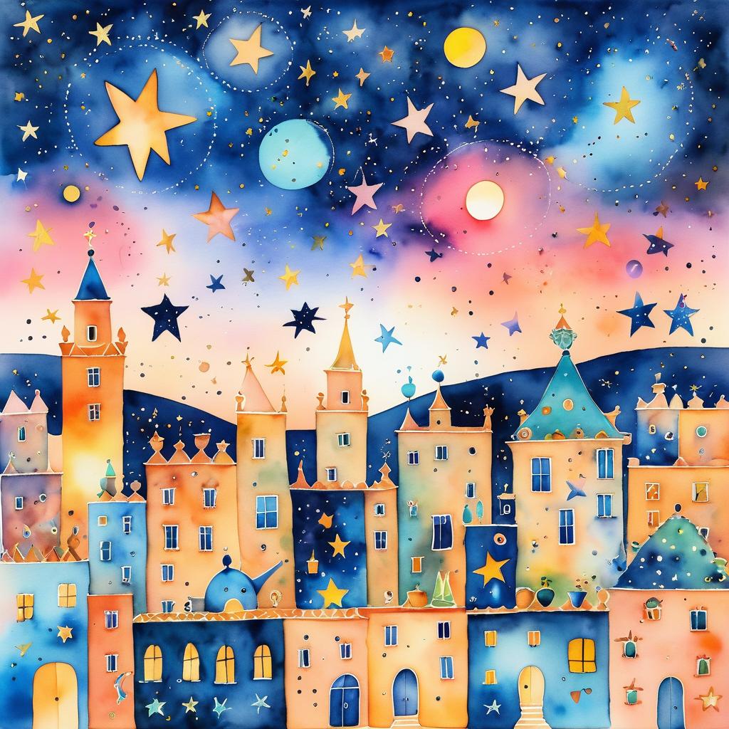 Whimsical Watercolor Night Sky Scene