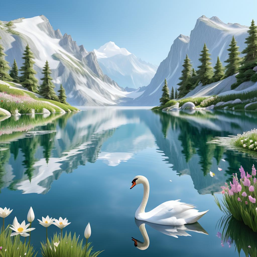 Serene Mountain Lake with Graceful Swans