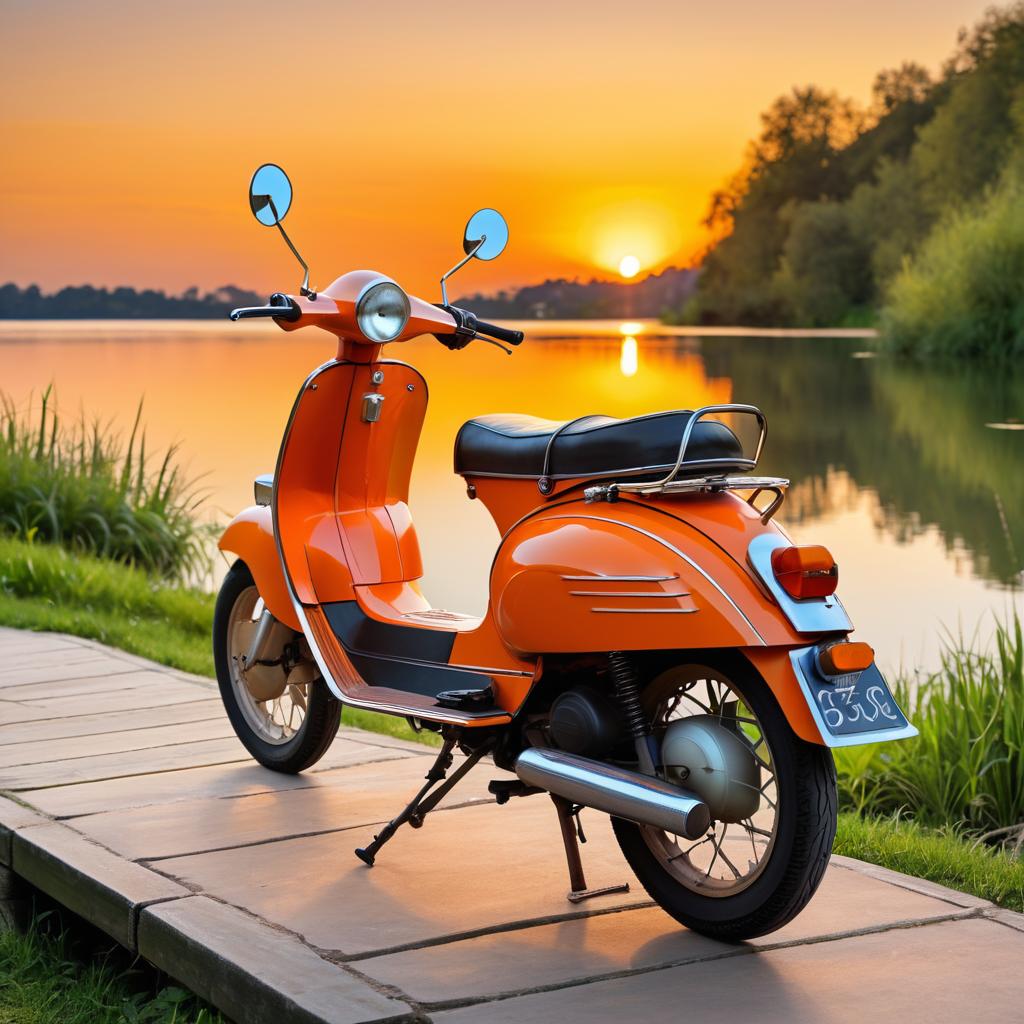 Vintage Moped by a Serene Lakeside