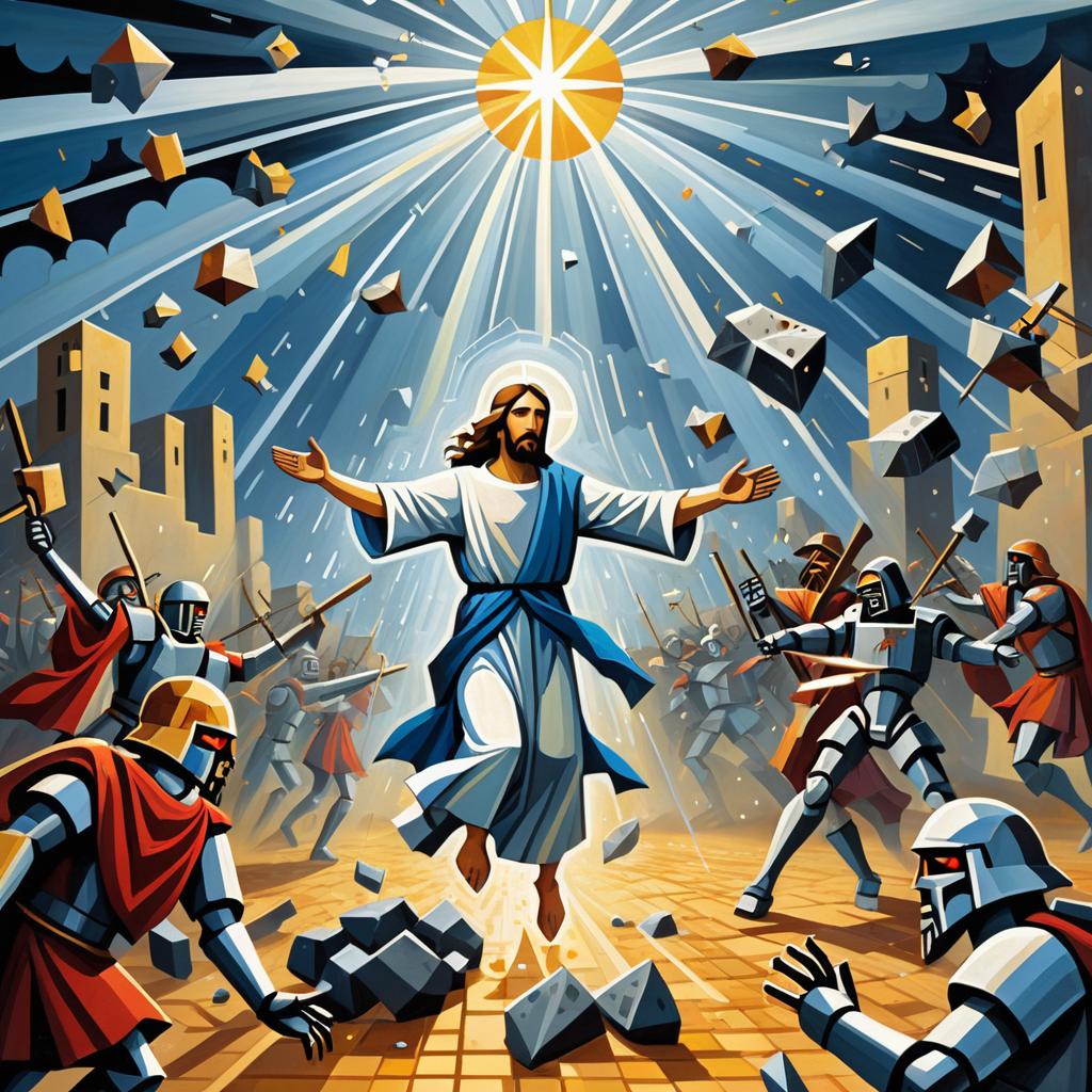 Cubist Jesus Battling Robots and Zombies