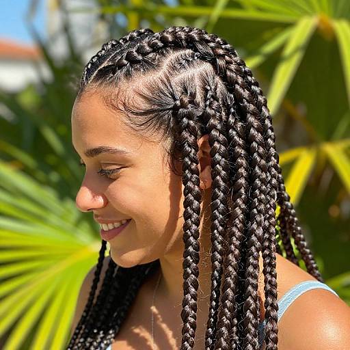 Photograph of a smiling young woman with dark braided hair, sunlight highlighting her features, wearing a light blue top, against a blurred tropical background with