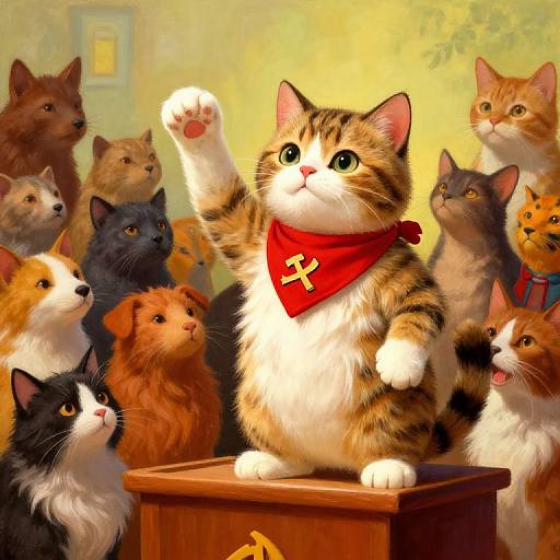 Digital painting of a striped tabby cat with a red bandana and cross, waving from a wooden podium surrounded by diverse, attentive cats.