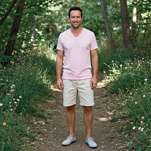 Photograph of a smiling, bearded man with short dark hair, wearing a pink V-neck T-shirt, beige shorts, and white sneakers, standing
