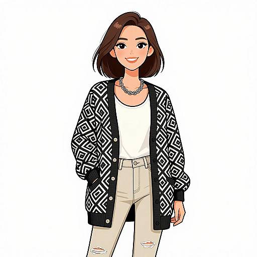 Smiling Woman in Geometric Cardigan