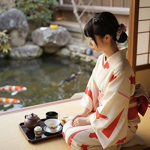 Photograph of a young Japanese woman in a red and white kimono, sitting by a sunlit window, overlooking a koi pond with colorful fish